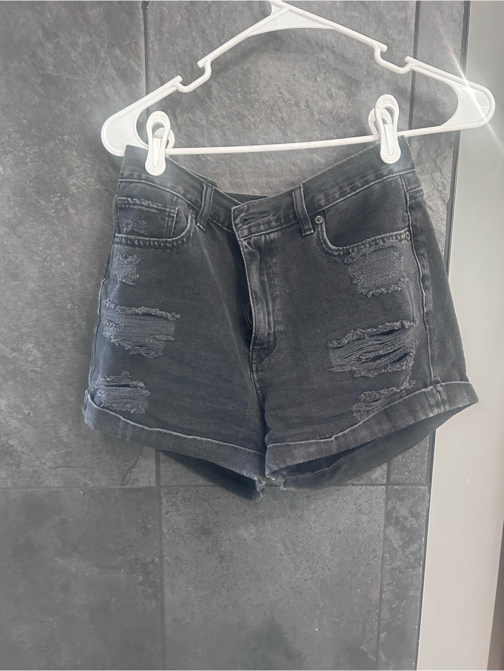 High-Rise Distressed Black Denim Shorts American Eagle